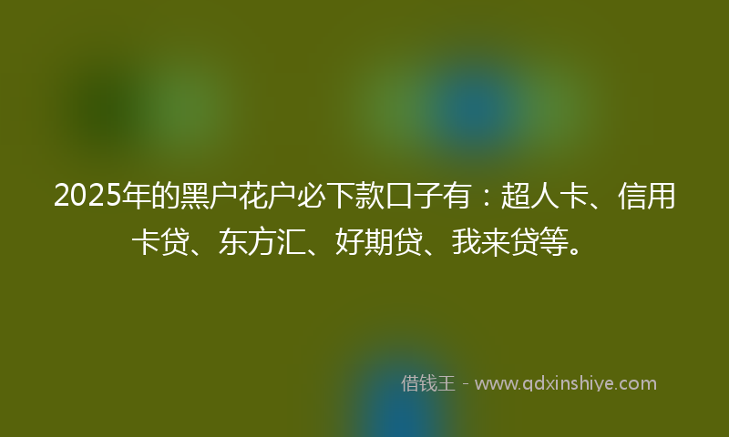 2025年的黑户花户必下款口子有：超人卡、信用卡贷、东方汇、好期贷、我来贷等。