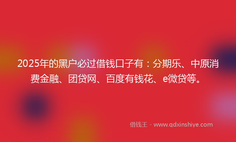 2025年的黑户必过借钱口子有：分期乐、中原消费金融、团贷网、百度有钱花、e微贷等。