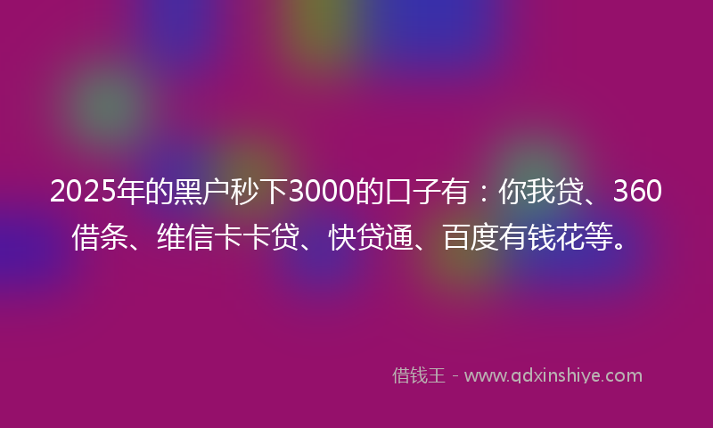 2025年的黑户秒下3000的口子有：你我贷、360借条、维信卡卡贷、快贷通、百度有钱花等。