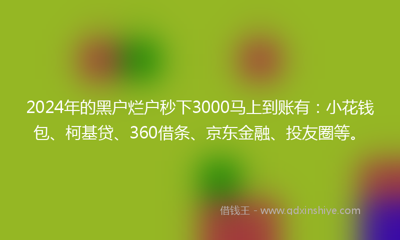2024年的黑户烂户秒下3000马上到账有：小花钱包、柯基贷、360借条、京东金融、投友圈等。