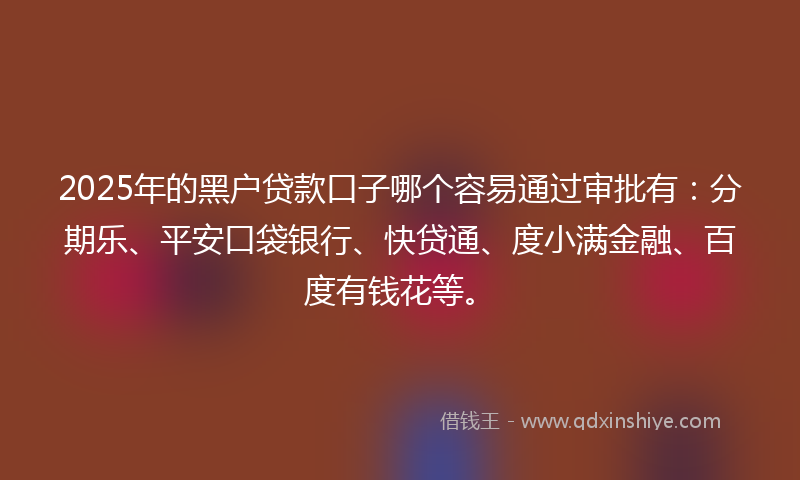 2025年的黑户贷款口子哪个容易通过审批有：分期乐、平安口袋银行、快贷通、度小满金融、百度有钱花等。