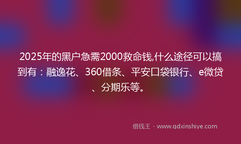 2025年的黑户急需2000救命钱,什么途径可以搞到有：融逸花、360借条、平安口袋银行、e微贷、分期乐等。
