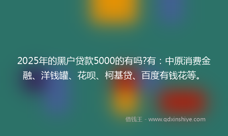 2025年的黑户贷款5000的有吗?有：中原消费金融、洋钱罐、花呗、柯基贷、百度有钱花等。