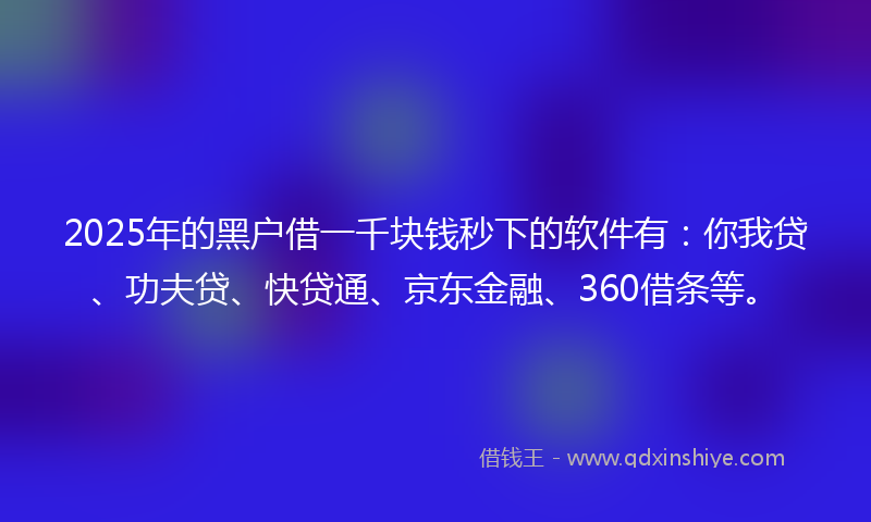 2025年的黑户借一千块钱秒下的软件有：你我贷、功夫贷、快贷通、京东金融、360借条等。