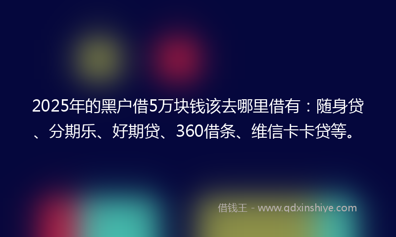 2025年的黑户借5万块钱该去哪里借有：随身贷、分期乐、好期贷、360借条、维信卡卡贷等。
