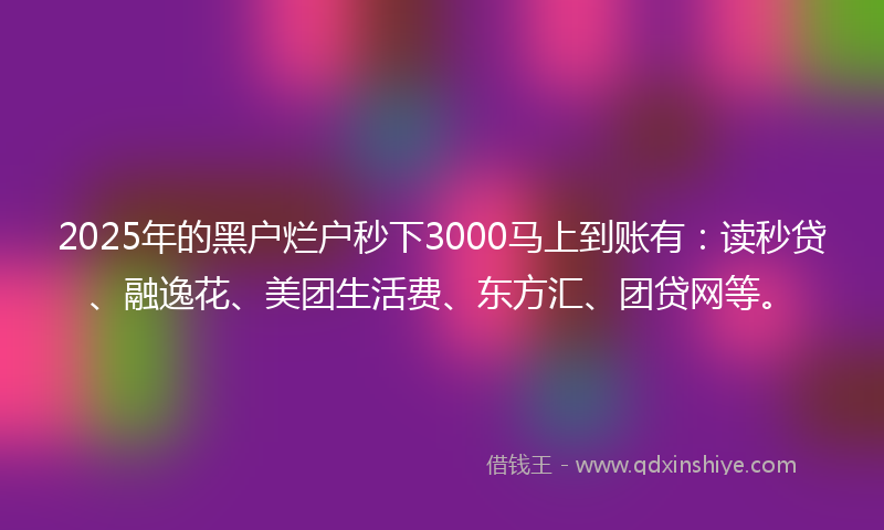 2025年的黑户烂户秒下3000马上到账有：读秒贷、融逸花、美团生活费、东方汇、团贷网等。