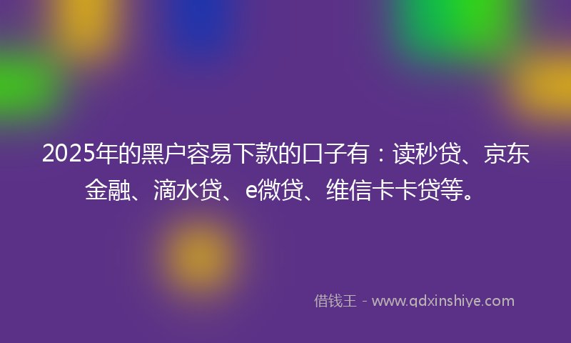 2025年的黑户容易下款的口子有：读秒贷、京东金融、滴水贷、e微贷、维信卡卡贷等。