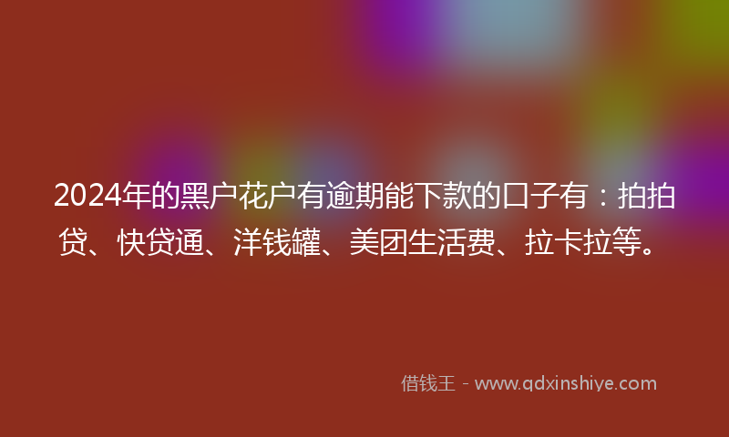 2024年的黑户花户有逾期能下款的口子有：拍拍贷、快贷通、洋钱罐、美团生活费、拉卡拉等。