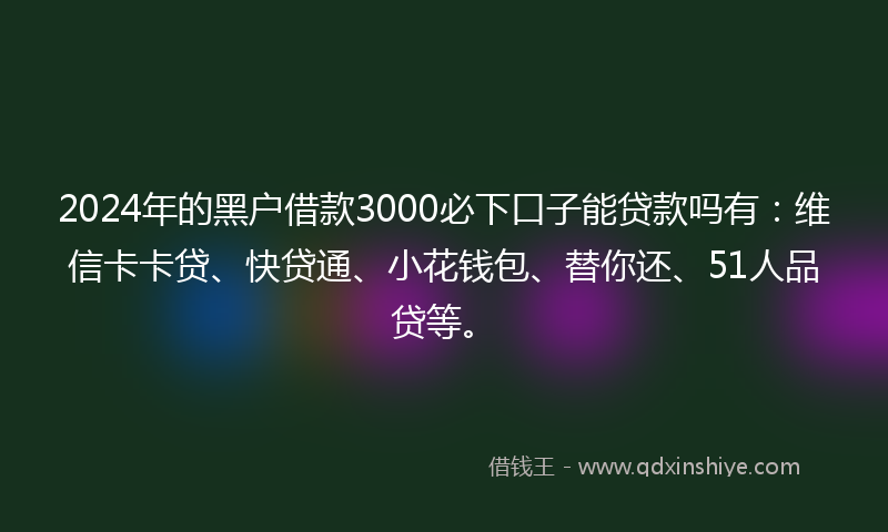 2024年的黑户借款3000必下口子能贷款吗有：维信卡卡贷、快贷通、小花钱包、替你还、51人品贷等。