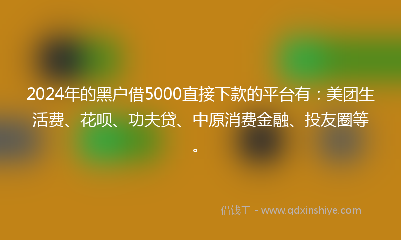 2024年的黑户借5000直接下款的平台有：美团生活费、花呗、功夫贷、中原消费金融、投友圈等。