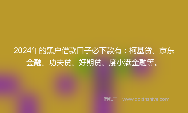 2024年的黑户借款口子必下款有：柯基贷、京东金融、功夫贷、好期贷、度小满金融等。