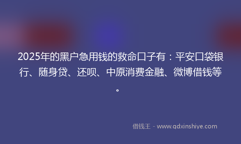 2025年的黑户急用钱的救命口子有：平安口袋银行、随身贷、还呗、中原消费金融、微博借钱等。