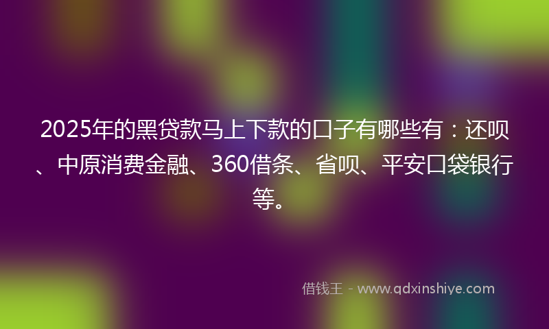 2025年的黑贷款马上下款的口子有哪些有：还呗、中原消费金融、360借条、省呗、平安口袋银行等。
