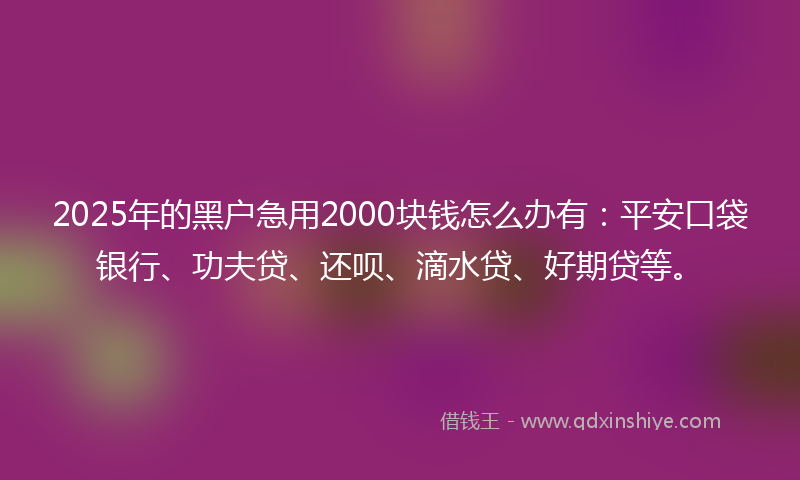 2025年的黑户急用2000块钱怎么办有：平安口袋银行、功夫贷、还呗、滴水贷、好期贷等。