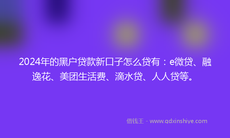 2024年的黑户贷款新口子怎么贷有：e微贷、融逸花、美团生活费、滴水贷、人人贷等。