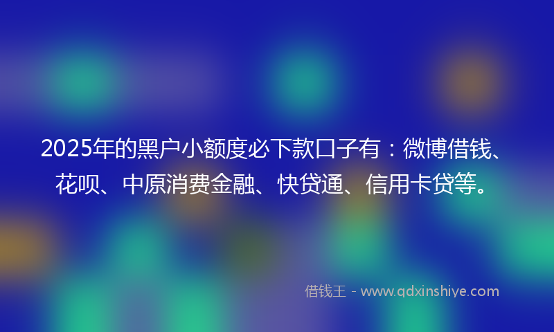 2025年的黑户小额度必下款口子有：微博借钱、花呗、中原消费金融、快贷通、信用卡贷等。