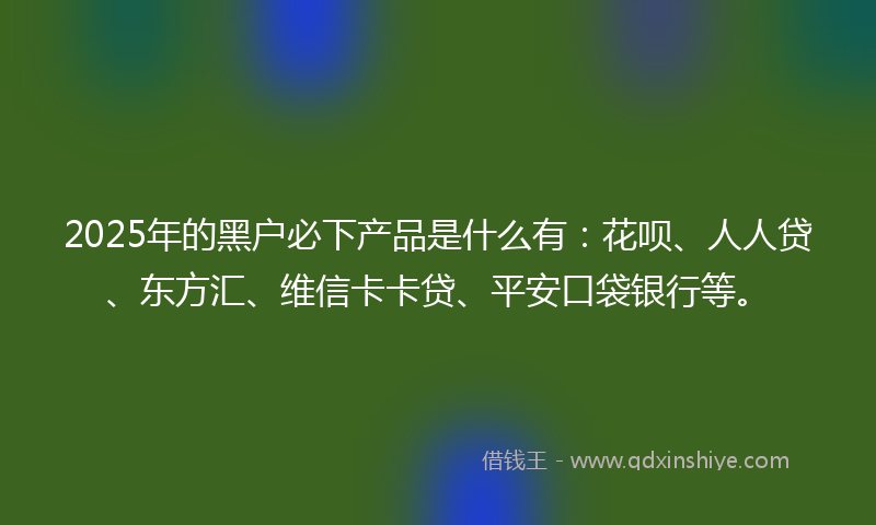 2025年的黑户必下产品是什么有：花呗、人人贷、东方汇、维信卡卡贷、平安口袋银行等。
