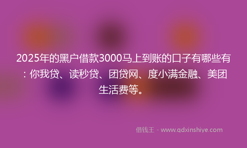 2025年的黑户借款3000马上到账的口子有哪些有：你我贷、读秒贷、团贷网、度小满金融、美团生活费等。