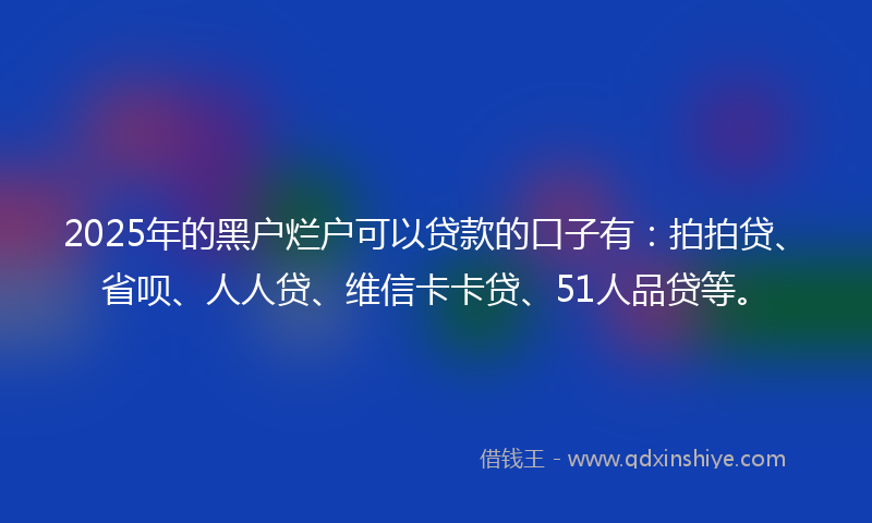 2025年的黑户烂户可以贷款的口子有：拍拍贷、省呗、人人贷、维信卡卡贷、51人品贷等。