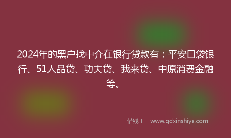 2024年的黑户找中介在银行贷款有：平安口袋银行、51人品贷、功夫贷、我来贷、中原消费金融等。