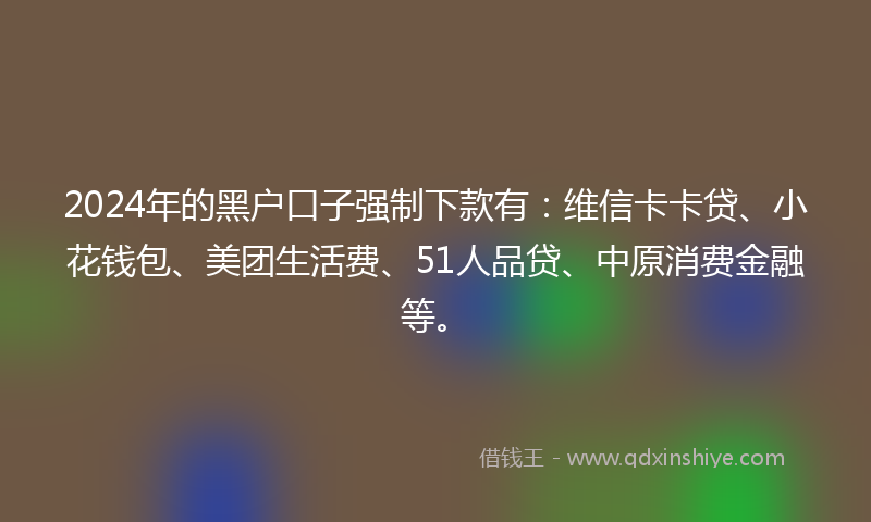 2024年的黑户口子强制下款有：维信卡卡贷、小花钱包、美团生活费、51人品贷、中原消费金融等。