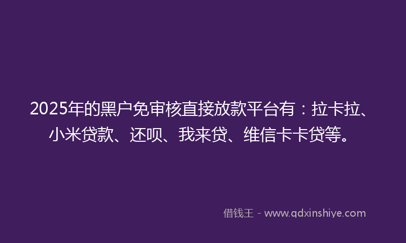 2025年的黑户免审核直接放款平台有：拉卡拉、小米贷款、还呗、我来贷、维信卡卡贷等。