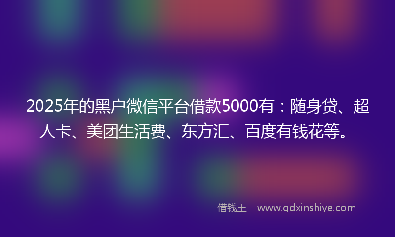 2025年的黑户微信平台借款5000有：随身贷、超人卡、美团生活费、东方汇、百度有钱花等。