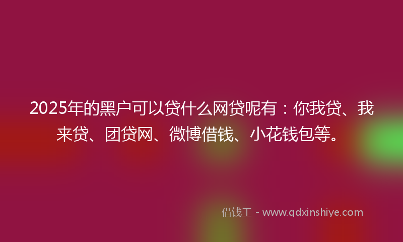 2025年的黑户可以贷什么网贷呢有：你我贷、我来贷、团贷网、微博借钱、小花钱包等。