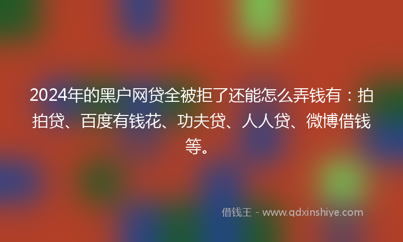2024年的黑户网贷全被拒了还能怎么弄钱有：拍拍贷、百度有钱花、功夫贷、人人贷、微博借钱等。