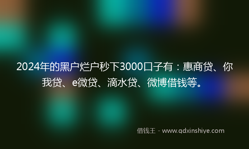 2024年的黑户烂户秒下3000口子有：惠商贷、你我贷、e微贷、滴水贷、微博借钱等。