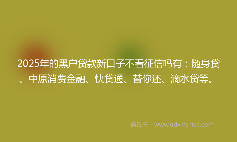 2025年的黑户贷款新口子不看征信吗有：随身贷、中原消费金融、快贷通、替你还、滴水贷等。