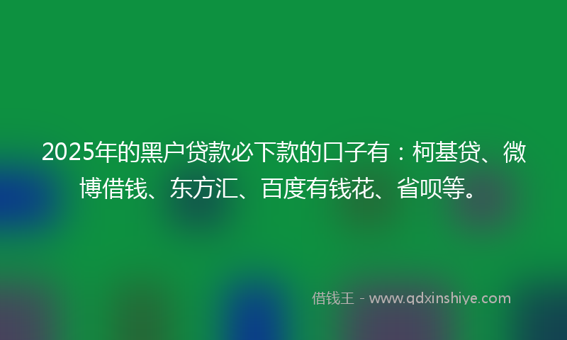2025年的黑户贷款必下款的口子有：柯基贷、微博借钱、东方汇、百度有钱花、省呗等。