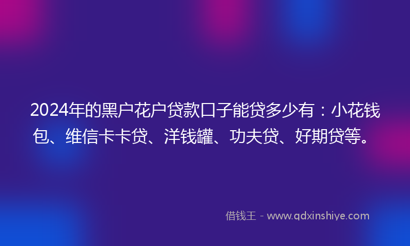 2024年的黑户花户贷款口子能贷多少有：小花钱包、维信卡卡贷、洋钱罐、功夫贷、好期贷等。