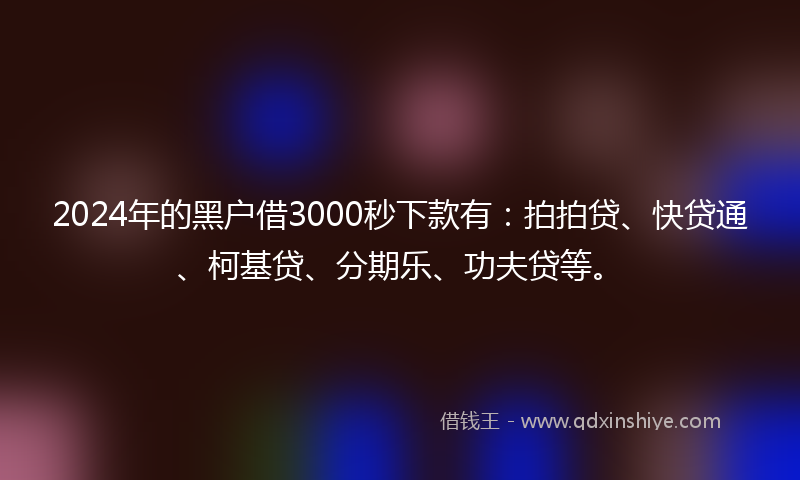 2024年的黑户借3000秒下款有：拍拍贷、快贷通、柯基贷、分期乐、功夫贷等。