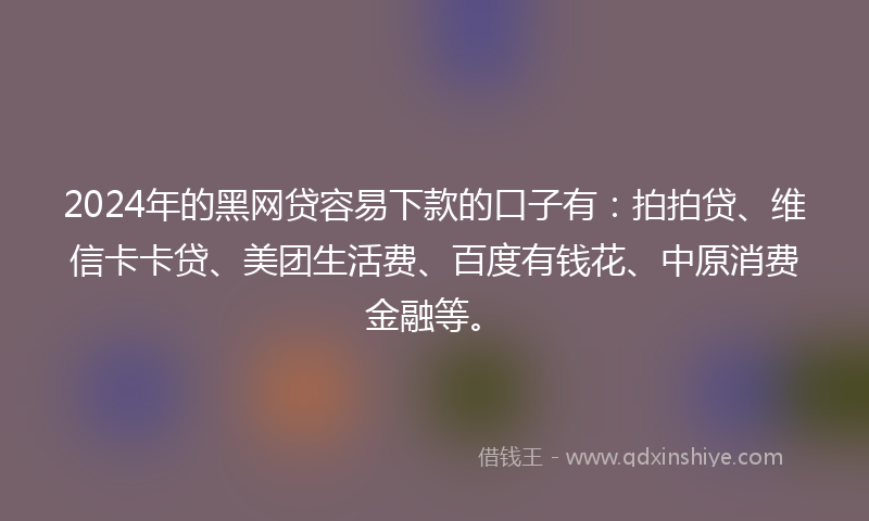 2024年的黑网贷容易下款的口子有：拍拍贷、维信卡卡贷、美团生活费、百度有钱花、中原消费金融等。