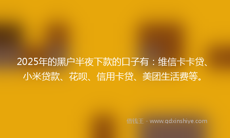 2025年的黑户半夜下款的口子有：维信卡卡贷、小米贷款、花呗、信用卡贷、美团生活费等。