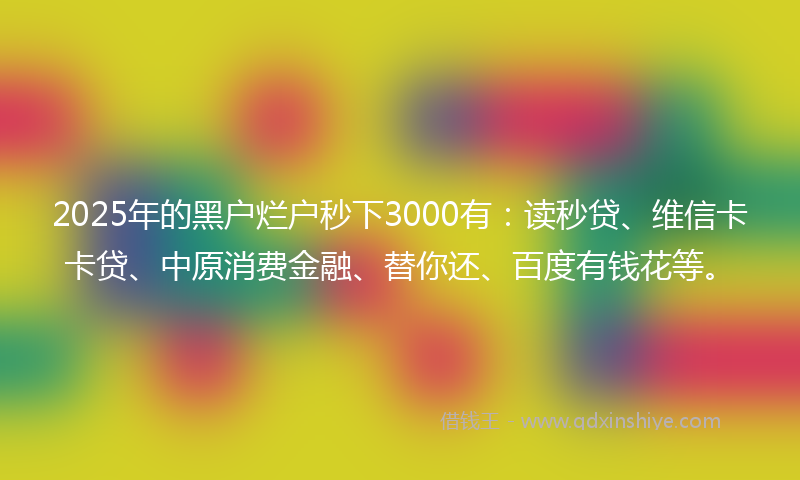 2025年的黑户烂户秒下3000有：读秒贷、维信卡卡贷、中原消费金融、替你还、百度有钱花等。