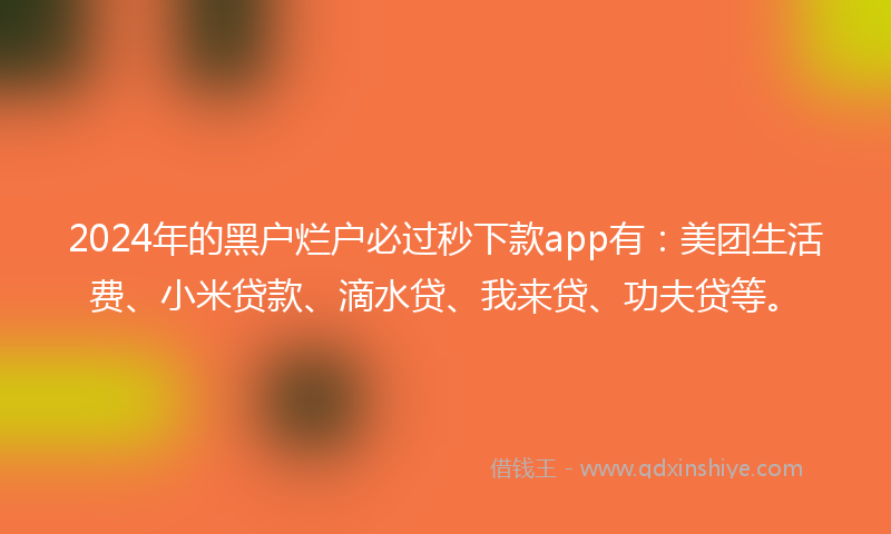 2024年的黑户烂户必过秒下款app有：美团生活费、小米贷款、滴水贷、我来贷、功夫贷等。