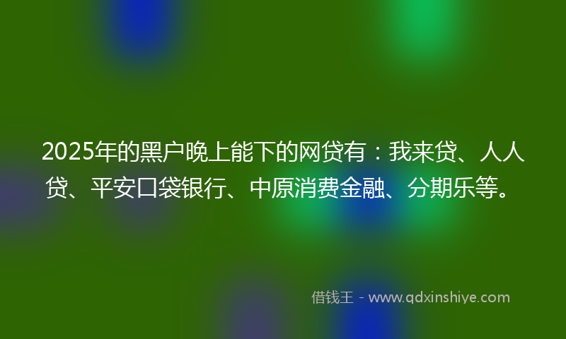 2025年的黑户晚上能下的网贷有：我来贷、人人贷、平安口袋银行、中原消费金融、分期乐等。