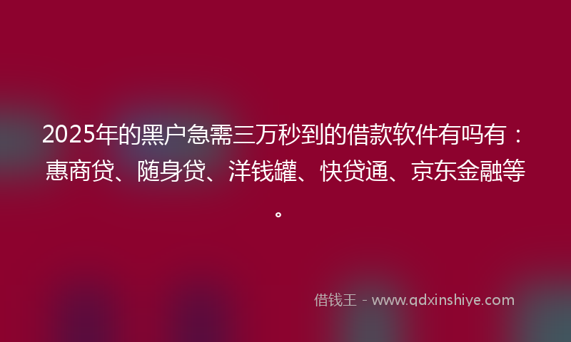 2025年的黑户急需三万秒到的借款软件有吗有：惠商贷、随身贷、洋钱罐、快贷通、京东金融等。