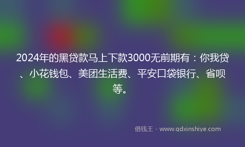 2024年的黑贷款马上下款3000无前期有：你我贷、小花钱包、美团生活费、平安口袋银行、省呗等。