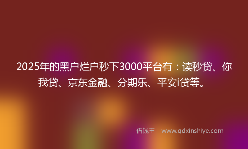 2025年的黑户烂户秒下3000平台有：读秒贷、你我贷、京东金融、分期乐、平安i贷等。
