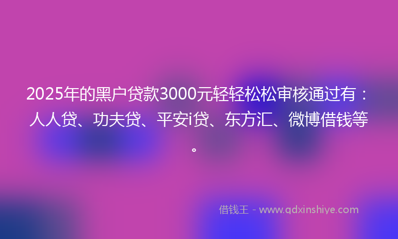 2025年的黑户贷款3000元轻轻松松审核通过有：人人贷、功夫贷、平安i贷、东方汇、微博借钱等。