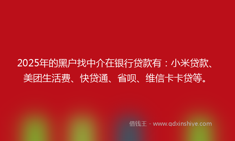 2025年的黑户找中介在银行贷款有：小米贷款、美团生活费、快贷通、省呗、维信卡卡贷等。