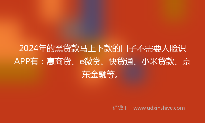 2024年的黑贷款马上下款的口子不需要人脸识APP有：惠商贷、e微贷、快贷通、小米贷款、京东金融等。