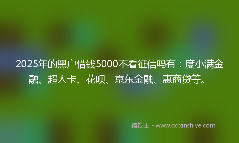 2025年的黑户借钱5000不看征信吗有：度小满金融、超人卡、花呗、京东金融、惠商贷等。