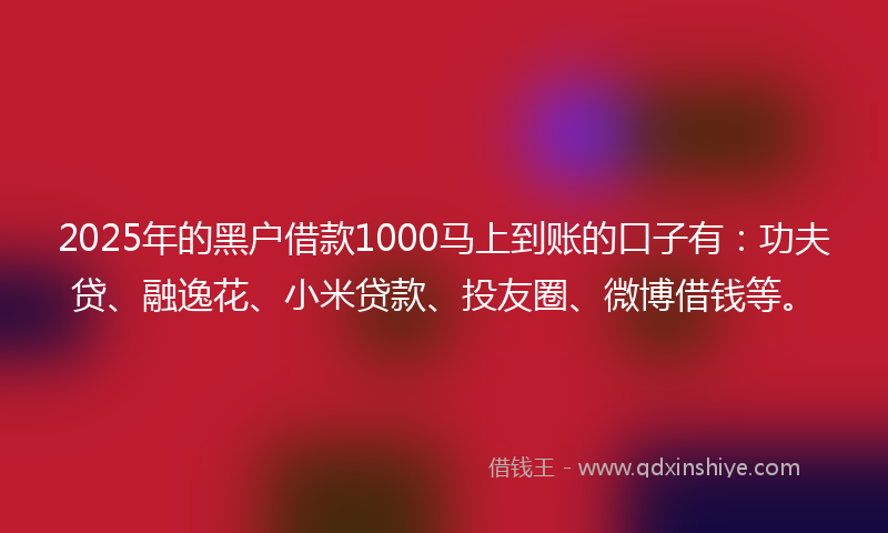 2025年的黑户借款1000马上到账的口子有：功夫贷、融逸花、小米贷款、投友圈、微博借钱等。