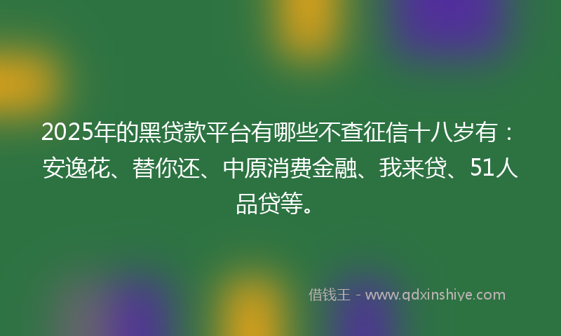 2025年的黑贷款平台有哪些不查征信十八岁有：安逸花、替你还、中原消费金融、我来贷、51人品贷等。