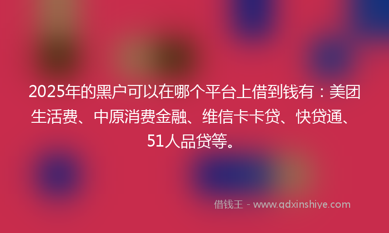 2025年的黑户可以在哪个平台上借到钱有：美团生活费、中原消费金融、维信卡卡贷、快贷通、51人品贷等。