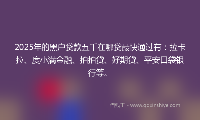 2025年的黑户贷款五千在哪贷最快通过有：拉卡拉、度小满金融、拍拍贷、好期贷、平安口袋银行等。